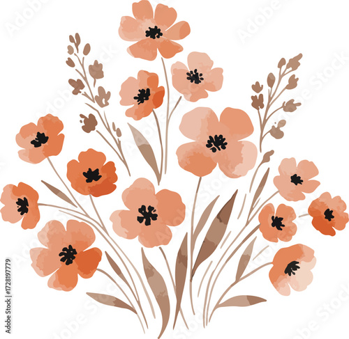 Watercolor floral arrangement of orange flowers with black centers and brown stems.