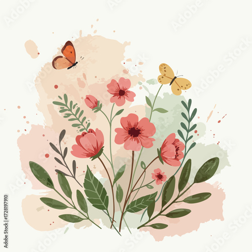 Watercolor floral arrangement with butterflies and delicate blossoms.