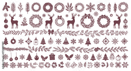 Festive Holiday Collection Christmas Designs, Wreaths, Ornaments, and Decorations in Vector Format