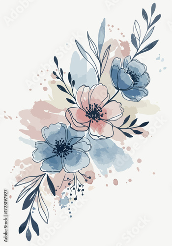 Watercolor floral arrangement with blue and pink flowers and leaves.