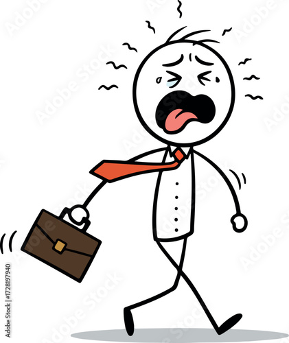 Stressed businessman running late with briefcase and tie undone.