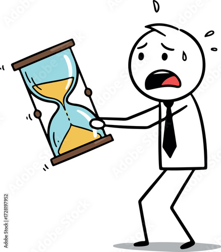 Stressed person holding hourglass time running out deadline pressure.