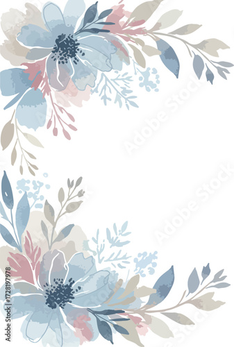 Watercolor floral arrangement with delicate blue and pink flowers and leaves.