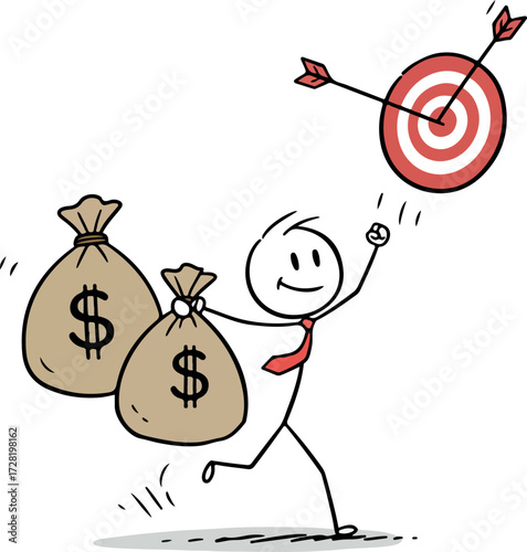 Successful businessman achieving financial goals with money bags and target.