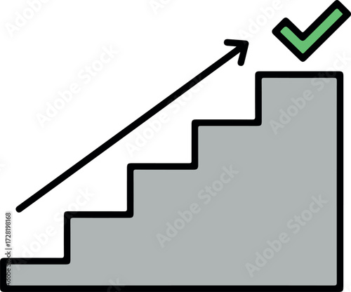Success steps upward with arrow and checkmark representing achievement and progress.