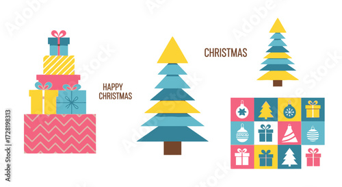 Festive Christmas Graphic Elements Presents, Trees, and Decorative Icons for Holiday Designs