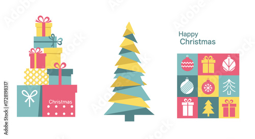 Festive Holiday Illustrations Christmas Gifts, Tree, and Decorative Elements for Seasonal Designs