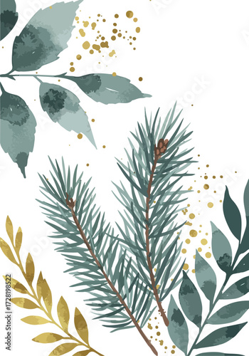 Watercolor painting of green pine branches and leaves with golden accents.