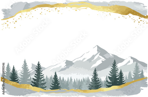 Watercolor painting of snow covered mountains and evergreen trees.