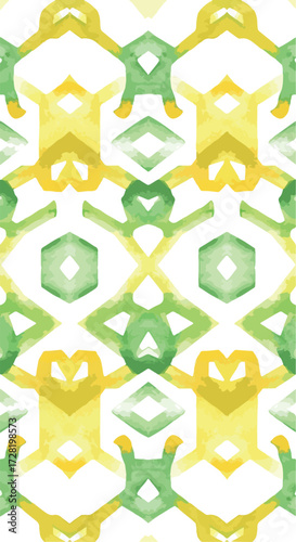 Watercolor pattern with geometric shapes and vibrant colors on white background.
