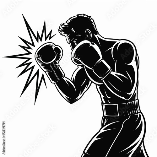 Black silhouette boxer delivering a powerful punch boxing black and white