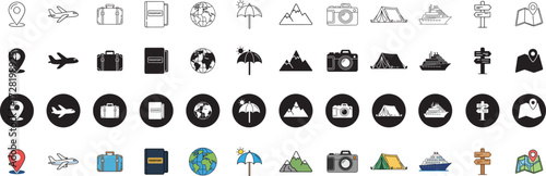 collection of travel icons featuring airplanes, luggage, passports, maps, and more for vacation and exploration themes