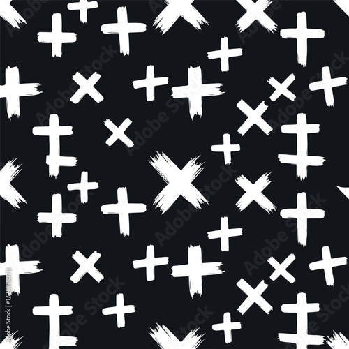 White crosses on black background simple abstract pattern design.