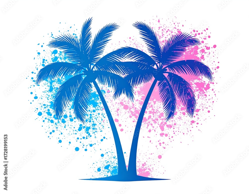 Naklejka premium Two stylized palm trees in blue and pink splatter