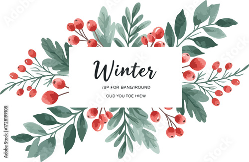 Winter floral arrangement with berries and leaves watercolor illustration.
