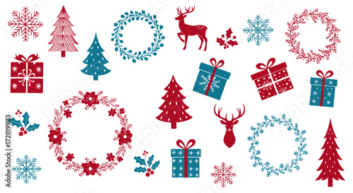 Festive Holiday Icons Christmas Trees, Reindeer, Wreaths, and Gift Boxes in Red and Teal