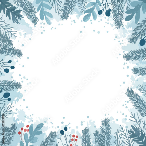 Winter forest frame with snow and plants perfect for holiday cards.
