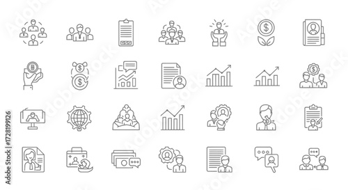 Set of Business and Finance Icons for Websites, Presentations, and Infographics in Line Style