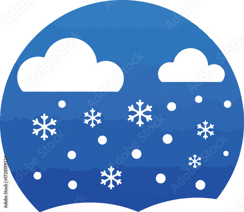 Winter weather scene with clouds and snowflakes falling from the sky.