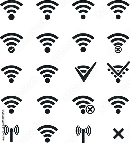 Wireless connectivity icons representing signal strength and status variations for digital communication.