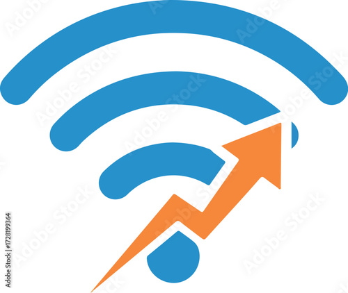 Wireless network signal strength increasing with orange arrow and lightning bolt.