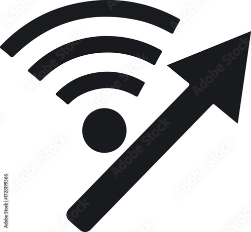 Wireless signal strength increasing with upward arrow for internet connection.