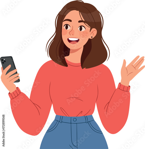 Woman holding phone and gesturing with open hands smiling happily.