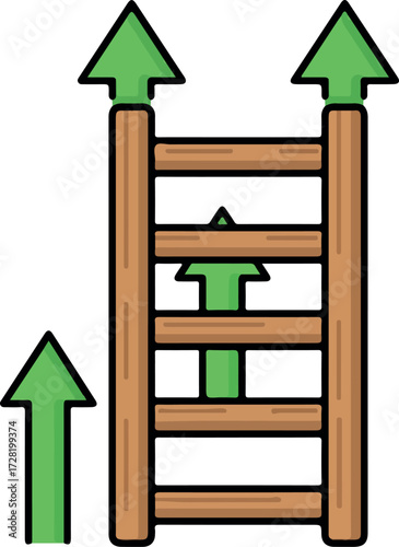 Wooden ladder with green arrows pointing upwards representing growth and progress.