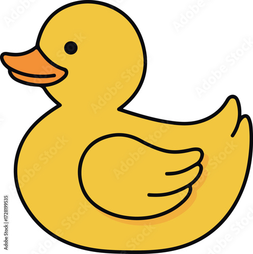 Yellow rubber ducky with orange beak and black eyes.