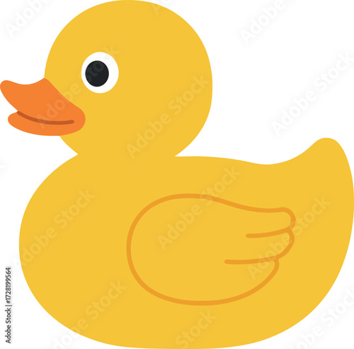 Yellow rubber ducky toy with orange beak and black eye.