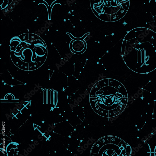 Zodiac constellation pattern with celestial symbols on dark background.