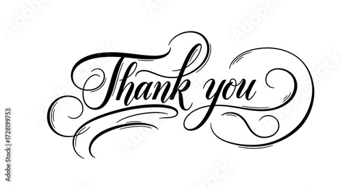 Elegant Calligraphic 'Thank You' in Script Font with Swirls and Decorative Elements