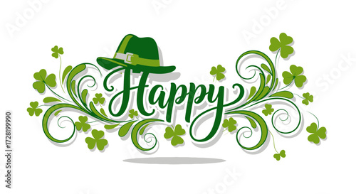 Happy St. Patrick's Day design with a green hat, shamrocks, and swirls for festive celebrations