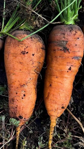 Wallpaper Mural Freshly dug up large ripe carrots lie on the ground along with the leaves. Harvesting carrots. Local farm products. Carrots in a healthy diet. Carrots as raw materials for carrot juice. Torontodigital.ca