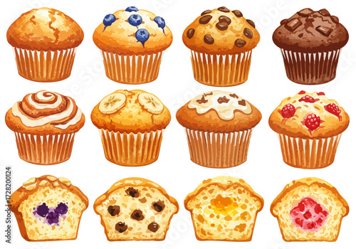 マフィンのセット,様々なフレーバー,ブルーベリー,チョコチップ,バナナ,ラズベリー,断面図