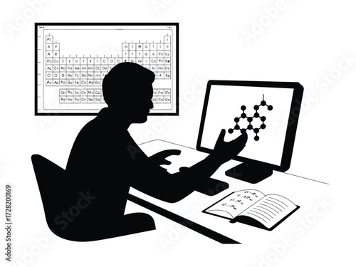Black silhouette chemist studying molecular structure on computer screen periodic table