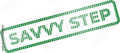 Green dotted savvy step text appears inside rectangle shaped stamp over white