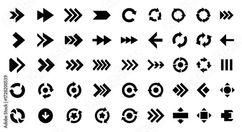 Set of diverse black arrows and circular icons for navigation and direction indicating various movements
