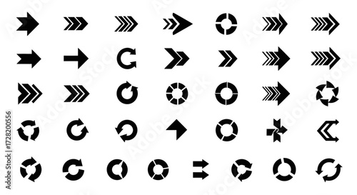 Black arrow icons in various styles, including forward, circular, and directional designs