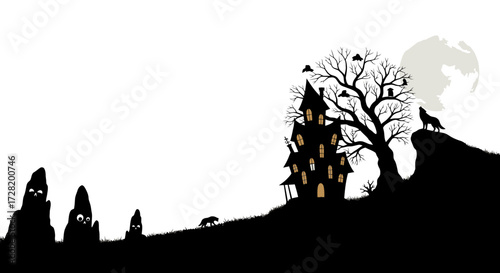 Spooky Halloween Night A Silhouette of a Haunted House, Moon, and Howling Wolf