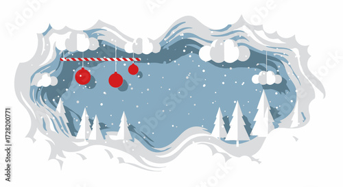 Festive Winter Wonderland Scene Holiday Ornaments Hanging in a Snowy Landscape Background