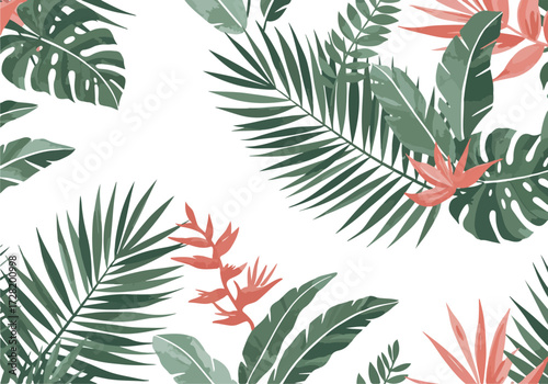 Tropical foliage pattern with vibrant orange flowers and lush green leaves.
