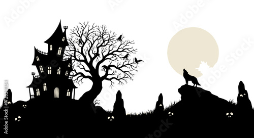 Spooky Halloween Scene Haunted House Silhouette, Howling Wolf, and a Full Moon on White Background