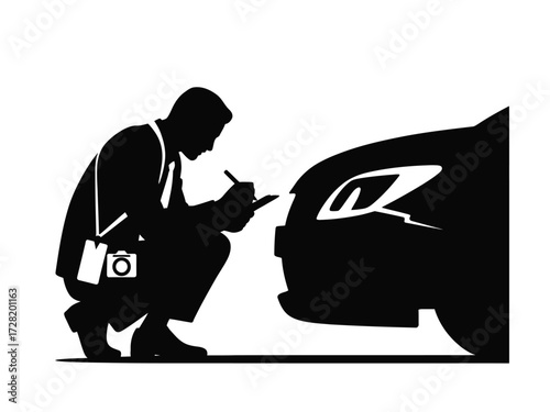 Black silhouette claims adjuster examining damaged car damage insurance