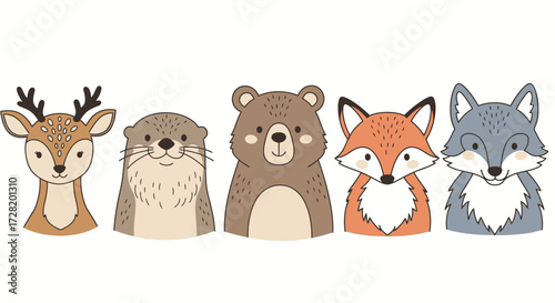 Adorable Cartoon Animals Deer, Otter, Bear, Fox, and Wolf in a Row, Simple Illustrations