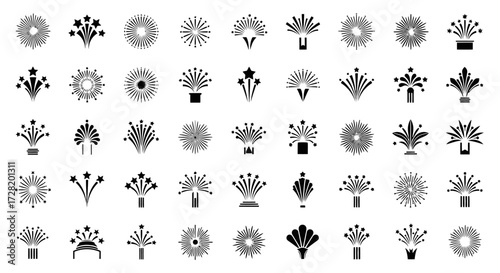 Assortment of black and white fireworks, sunburst, and decorative starburst graphic elements on a white background