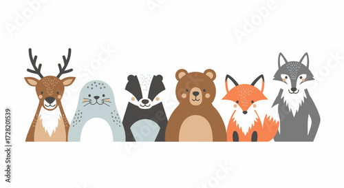 Adorable Cartoon Forest Animals Deer, Seal, Badger, Bear, Fox, and Wolf Characters