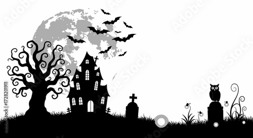 Spooky Halloween Night Silhouette Haunted House, Tree, Bats, and Full Moon Scene for Celebration