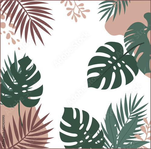 Tropical leaves pattern design with monstera and palm leaves.