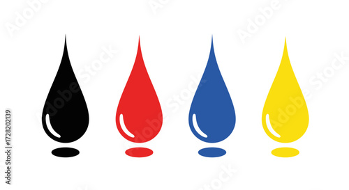 Set of Four Colorful Ink Drops Black, Red, Blue, and Yellow, Representing Printing Colors